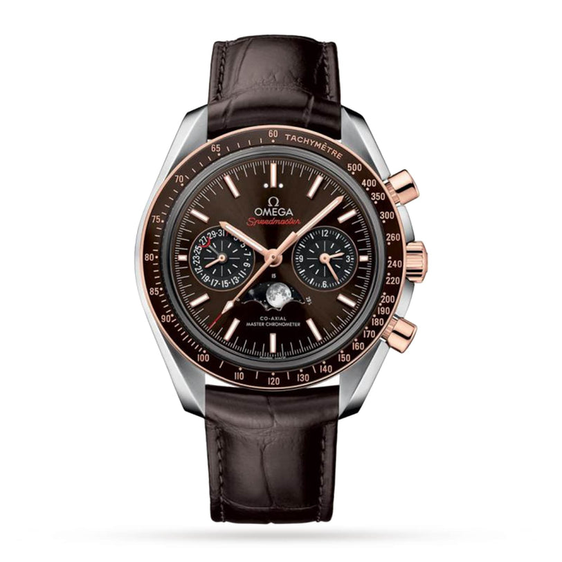 The OMEGA Speedmaster Moonwatch Co-Axial Chronograph features a 42.5 mm stainless steel and 18K Sedna™ gold case, brown leather strap, black dial with moonphase display, gold accents, and multiple subdials against a white background.