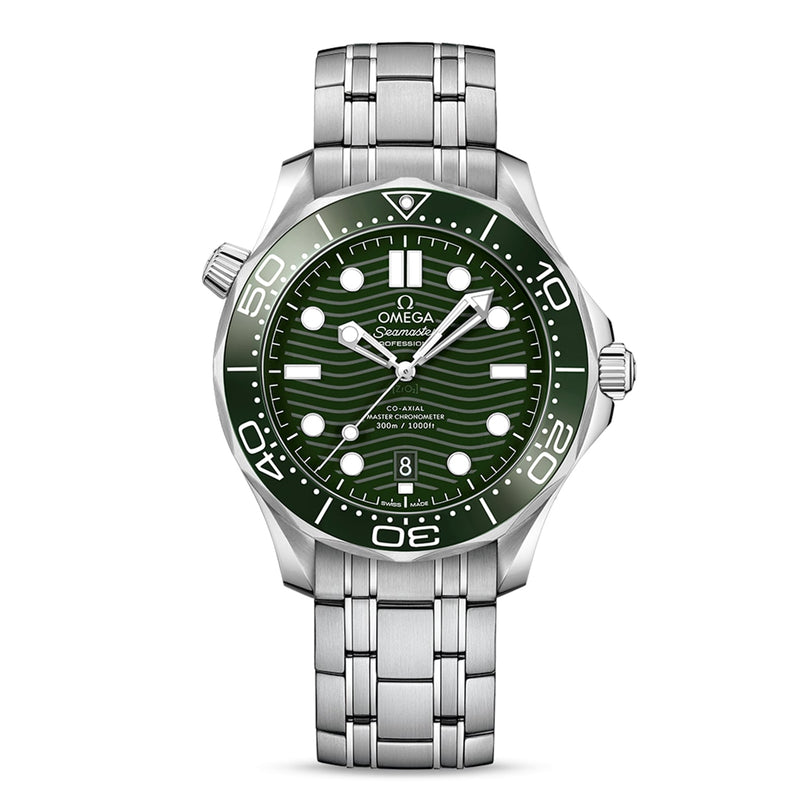 OMEGA Seamaster Diver 300M wristwatch with a green wave-pattern dial, white markers, bezel minute markers, and stainless steel bracelet. Powered by the Master Chronometer Calibre 8800; time shown as 10:10.