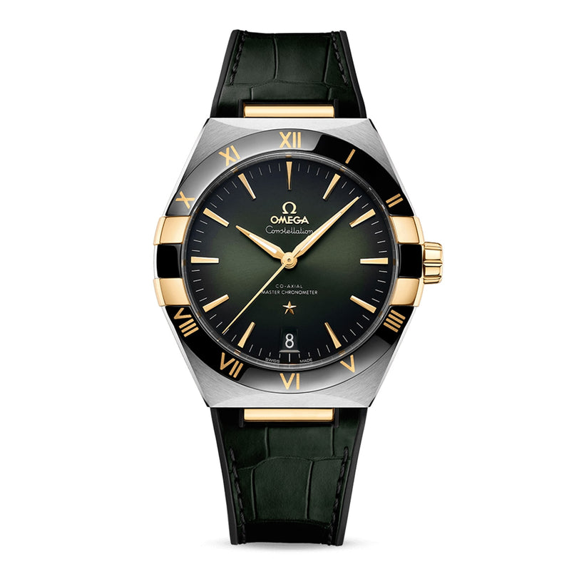 The OMEGA Constellation features a green dial, gold accents, and a black bezel with gold Roman numerals. Powered by the 8900 calibre movement, its Master Chronometer certified for outstanding precision.