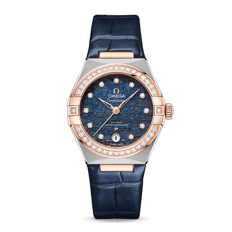 OMEGA Constellation featuring an Aventurine stone dial with diamond hour markers, 18K Sedna™ gold bezel, and a blue leather strap.