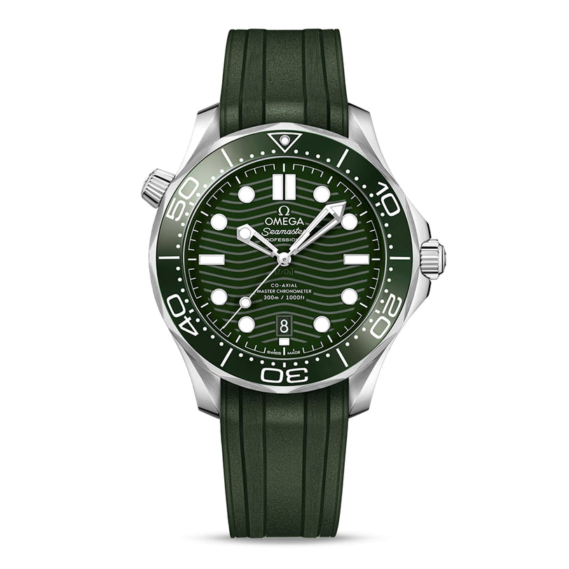An OMEGA Seamaster Diver 300M stainless steel watch with a green wave-pattern dial, white indices, and a green rubber strap, featuring outstanding water resistance, displayed on a plain white background.