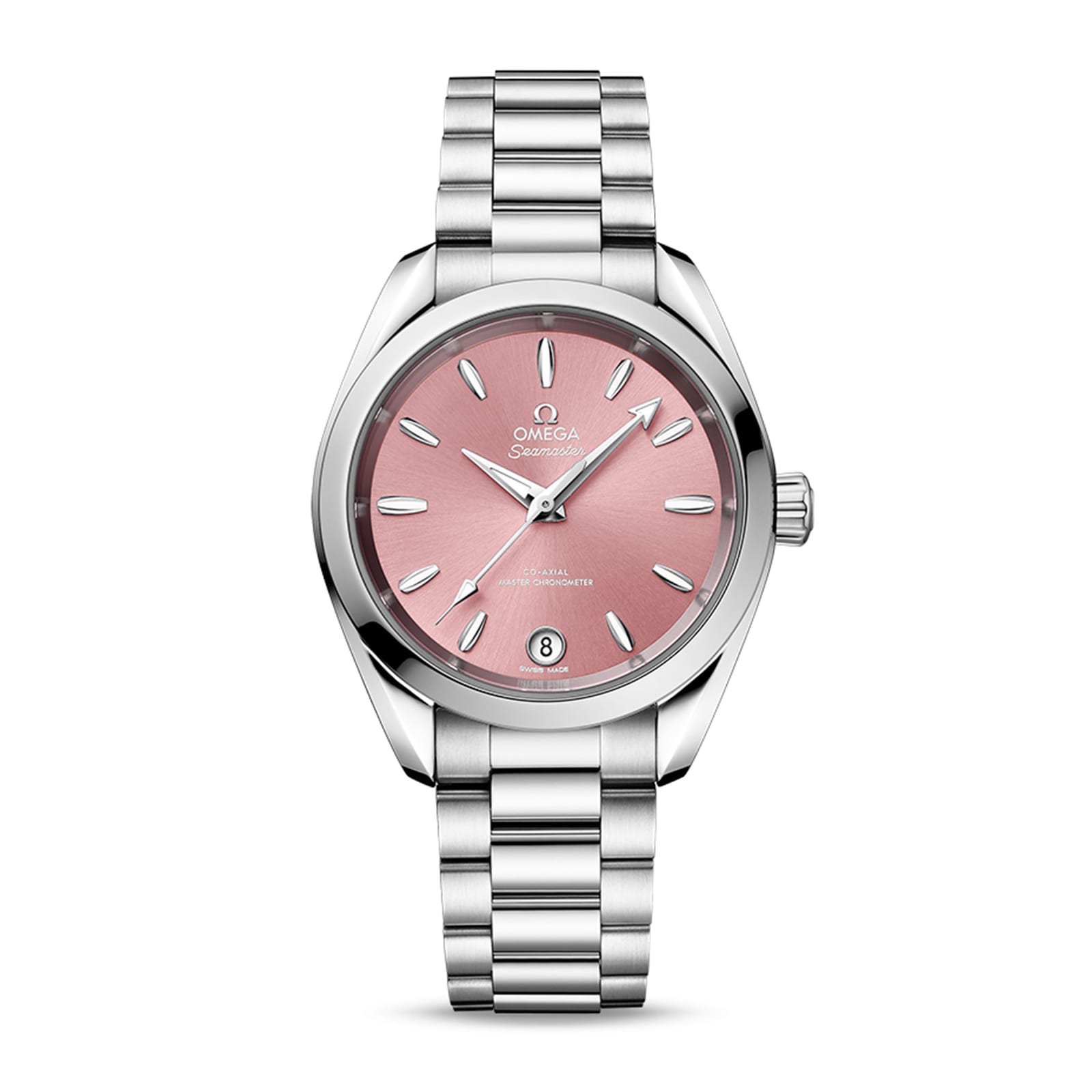 The OMEGA Seamaster Aqua Terra 150M features a stainless steel case, pink dial with silver hour markers, metal link bracelet, 8800 calibre movement, Seamaster logo, and a date window at 6 o’clock.