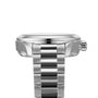 Side view of a silver metal OMEGA Seamaster Aqua Terra 150M watch with a brushed and polished bracelet, Master Chronometer certification, and a crown on the right side.