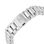 Close-up of a stainless steel OMEGA Seamaster Aqua Terra 150M bracelet, highlighting the clasp engraved with the OMEGA logo—a signature feature of this iconic timepiece.