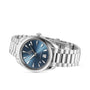 An OMEGA Seamaster Aqua Terra 150M wristwatch with a blue dial, silver hour markers, date window at 6 o’clock, and metal link bracelet, shown on a white background.