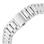 Close-up of an OMEGA Seamaster Aqua Terra 150M stainless steel bracelet, highlighting the clasp engraved with the OMEGA logo and name.