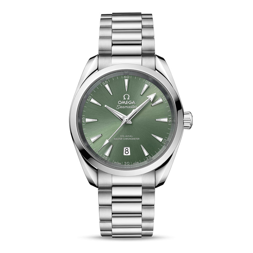 An OMEGA Seamaster Aqua Terra 150M stainless steel wristwatch featuring a green dial, silver hour markers and hands, Master Chronometer 8800 movement, date at 6 o’clock, and a metal link bracelet.