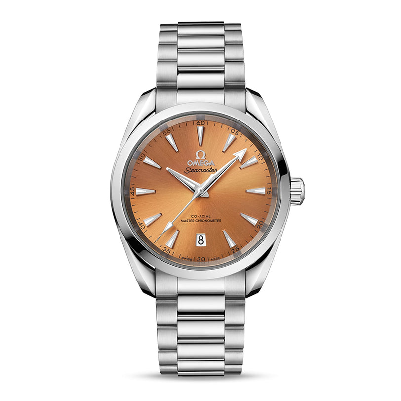 An OMEGA Seamaster Aqua Terra 150M wristwatch with a brushed orange dial, silver hour markers, date window at 6 o’clock, stainless steel bracelet, and Master Chronometer certified Calibre 8800 movement.