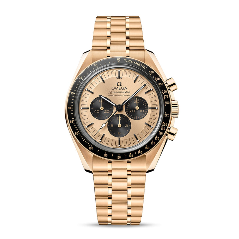 The OMEGA Speedmaster Moonwatch Professional features a gold case, three subdials, black bezel, Moonshine™ dial, and matching gold metal bracelet, all showcased against a white background.