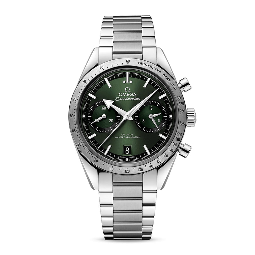 The OMEGA Speedmaster 57 features a green dial, silver hour markers and hands, two subdials, date window, tachymeter bezel, stainless steel bracelet, and the precise Master Chronometer certified 9906 calibre movement.