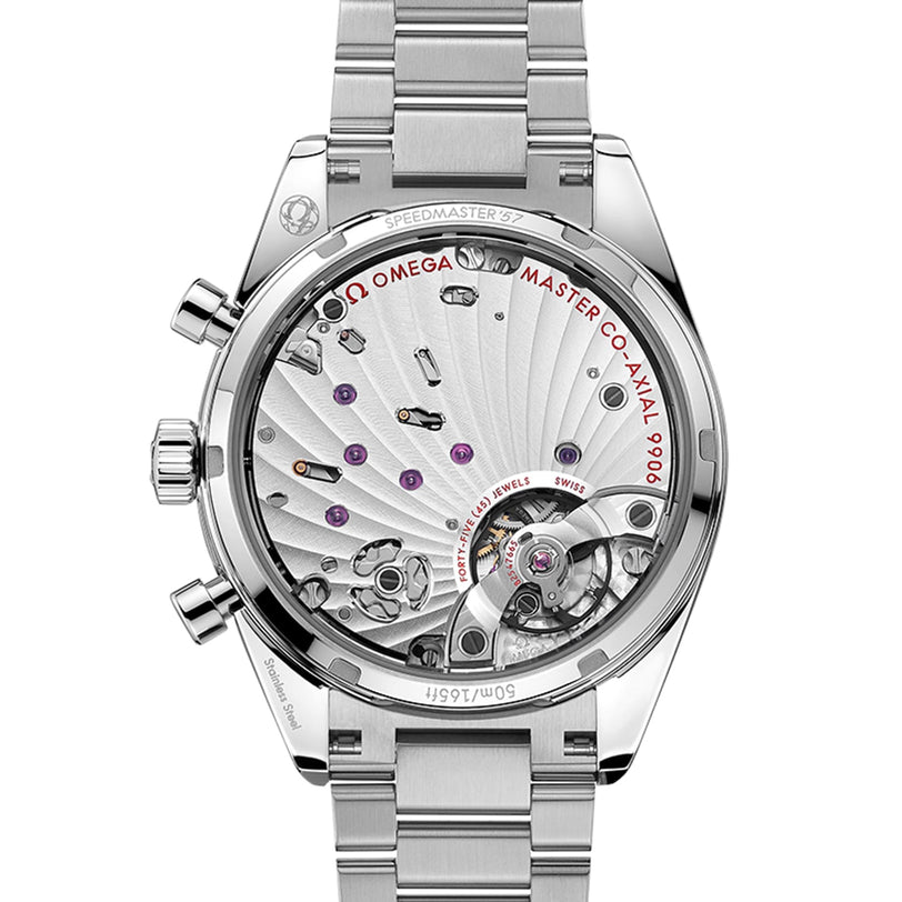 Close-up of the transparent case back of the OMEGA Speedmaster 57, showing the detailed 9906 calibre movement and internal components certified as a Master Chronometer.