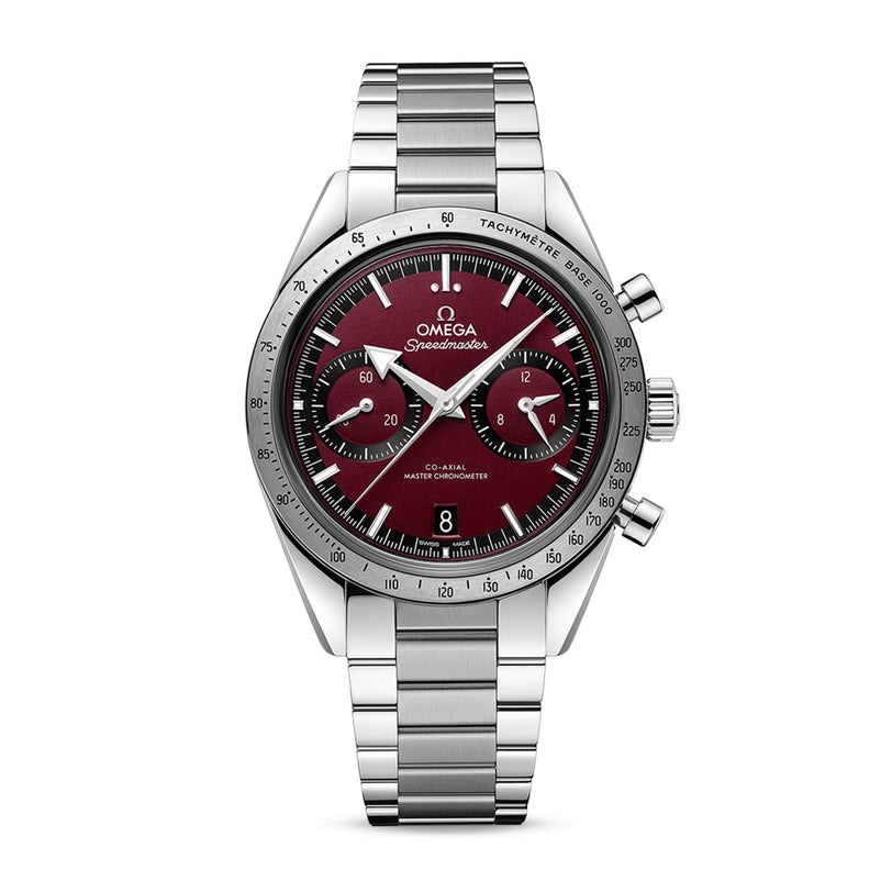 OMEGA Speedmaster 57 wristwatch with stainless steel case and band, burgundy dial, three subdials, date display, and tachymeter bezel.