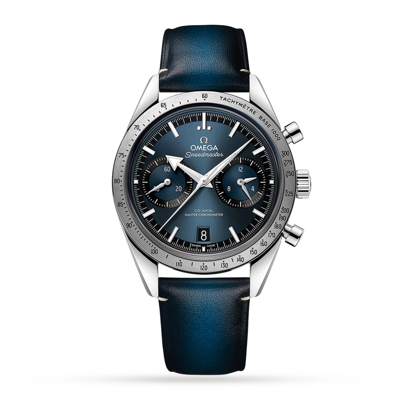 The OMEGA Speedmaster 57 features a stainless steel case, blue gradient dial with three subdials, date display, tachymeter scale, and a blue leather strap.