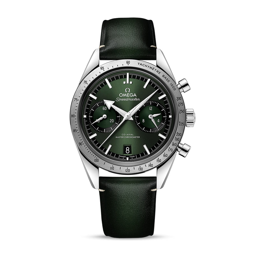 An OMEGA Speedmaster 57 wristwatch with a dark green leather strap, stainless steel case, and chronograph features is displayed on a white background.