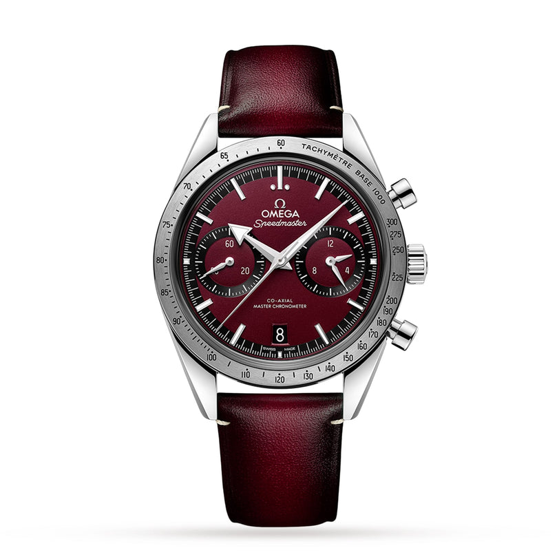 The OMEGA Speedmaster 57, crafted in stainless steel with a burgundy dial and chronograph functions, is paired with a matching burgundy leather strap and displayed against a white background.