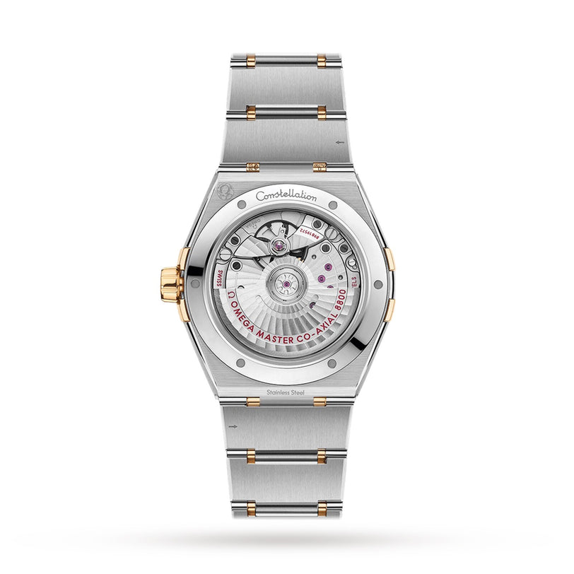 Back view of the OMEGA Constellation watch with a transparent case back, revealing the Master Chronometer Calibre 8800 movement and engraved details on its stainless steel and gold design.