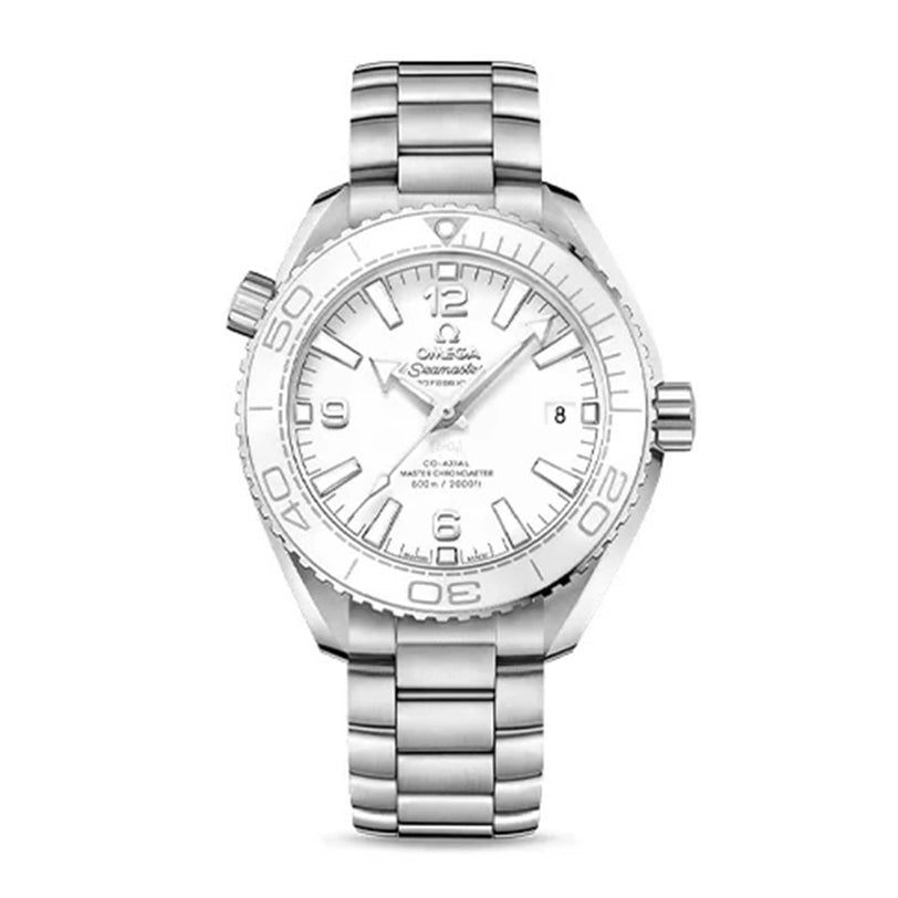 The OMEGA Seamaster Planet Ocean 600M features a metal band, white dial, white ceramic bezel, and a date display at 3 o’clock—a true Ocean Heritage wristwatch.