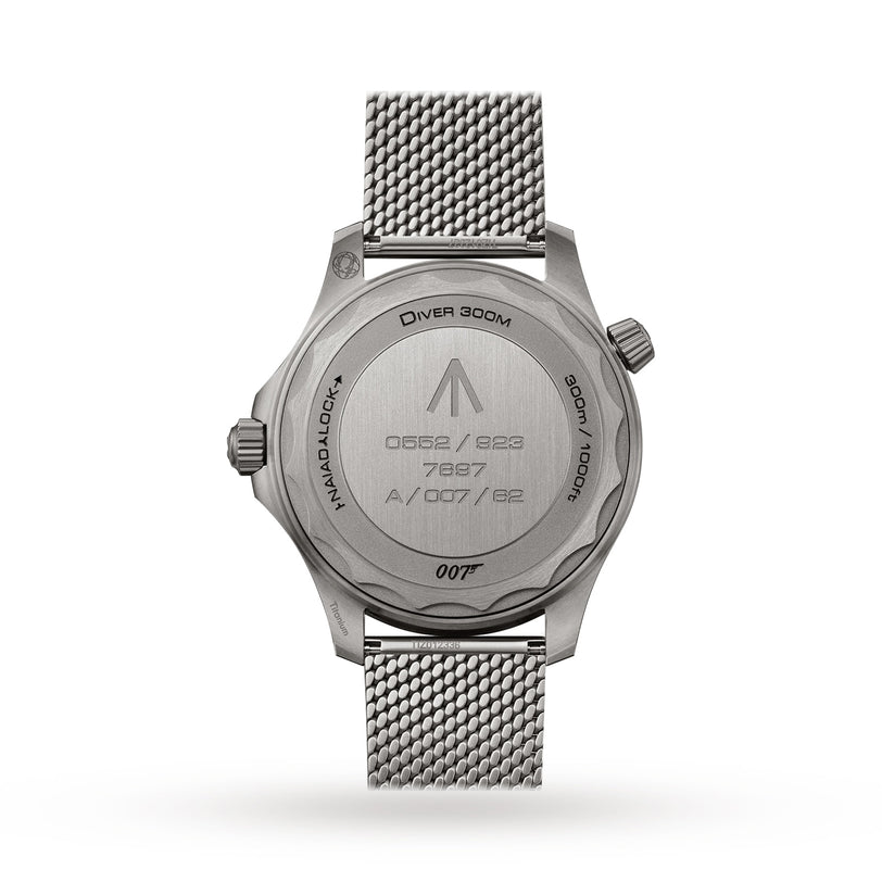 The back of the OMEGA Seamaster Diver 300M James Bond 007 Edition shows engraved details like “Diver 300M,” “OMEGA,” “007,” and serial numbers, with a mesh metal band—an iconic military-grade James Bond watch.