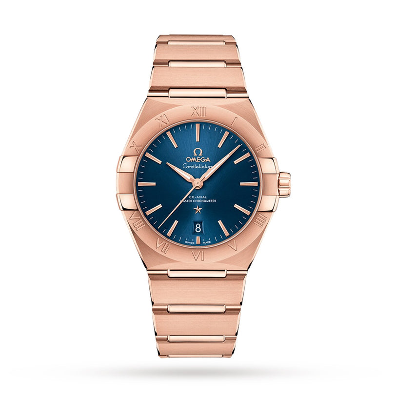 The OMEGA Constellation is a rose gold wristwatch with a blue dial, Roman numeral markers, metal bracelet, and the Co-Axial Master Chronometer Calibre 8801 for exceptional precision.