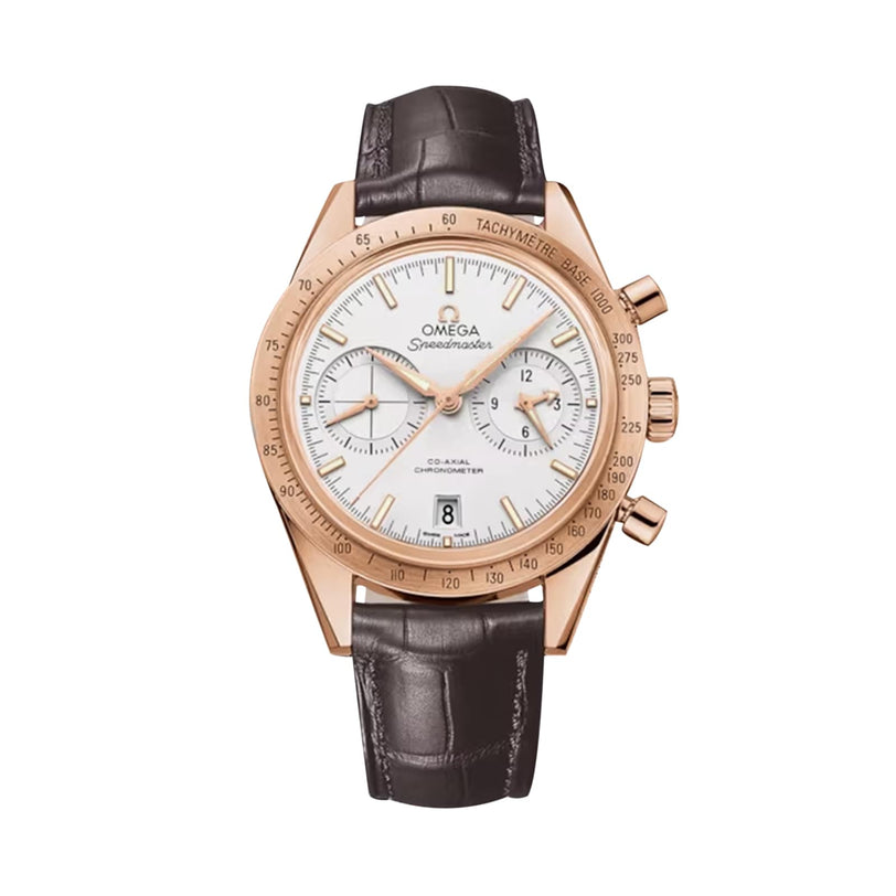 A gold OMEGA Speedmaster 57 wristwatch featuring a white dial, three subdials, Co-Axial calibre 9301 movement, date window, black leather strap, inspired by lunar missions and shown on a white background.