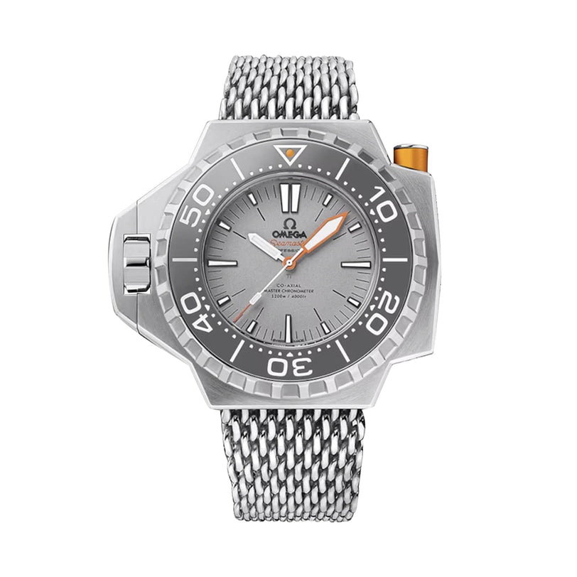 The OMEGA Seamaster Ploprof 55mm features a stainless steel case, gray dial, bold hour markers, mesh bracelet, and an orange side crown accent—crafted as a divers watch with outstanding anti-magnetic resistance.