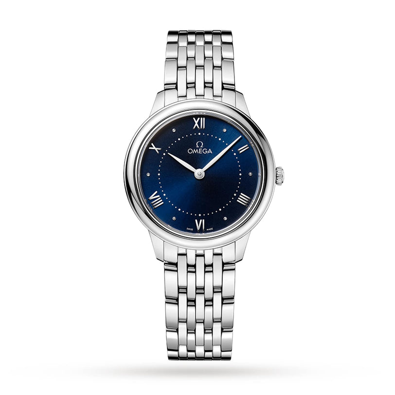 OMEGA De Ville Prestige wristwatch with blue dial, Roman numerals at 3, 6, 9, and 12 o’clock, stainless steel case and bracelet, shown on a white background.
