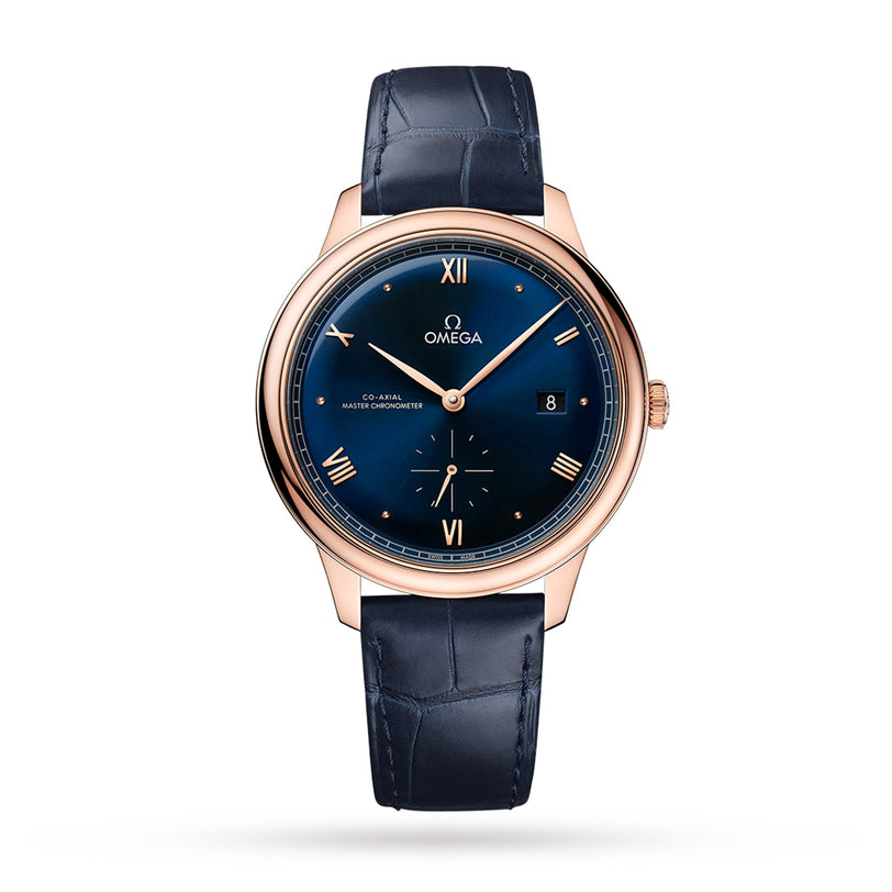 An OMEGA De Ville Prestige wristwatch in gold, featuring a blue leather strap, blue dial, Roman numeral indices, and a date window at 3 oclock.