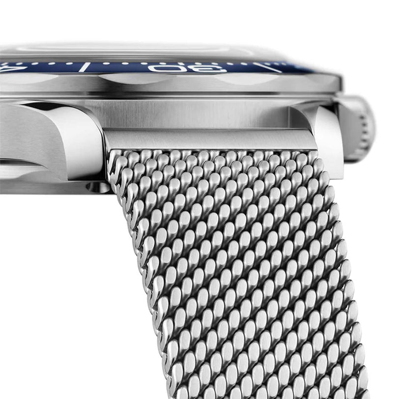 Close-up of the OMEGA Seamaster Diver 300M James Bond 007 60th Anniversary, featuring a blue dial, silver case, and stainless steel mesh band.