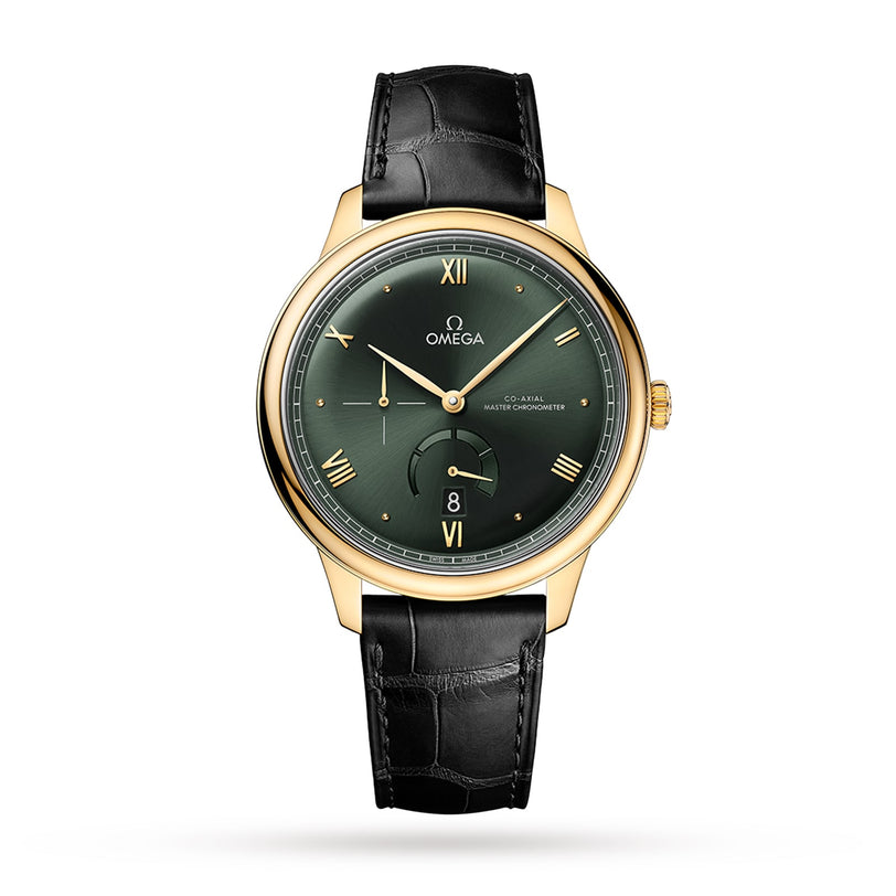 The OMEGA De Ville Prestige features a gold case, dark green Roman numeral dial, date at 6 o’clock, power reserve indicator, and black leather strap—an elegant icon of classic design.