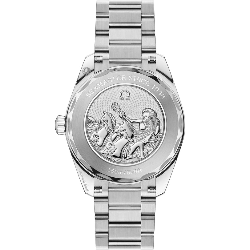 The back of the OMEGA Seamaster Aqua Terra 150M, engraved with a seahorse and rider and marked SEAMASTER SINCE 1948 and 150m/500ft, honors maritime heritage and Master Chronometer precision.