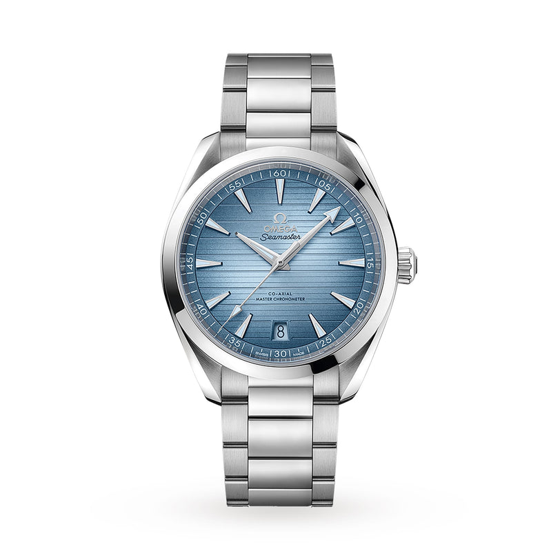 The OMEGA Seamaster Aqua Terra 150M, featuring a stainless steel case, light blue textured dial with silver markers, date at 6 o’clock, and metal bracelet, is showcased on a white background.