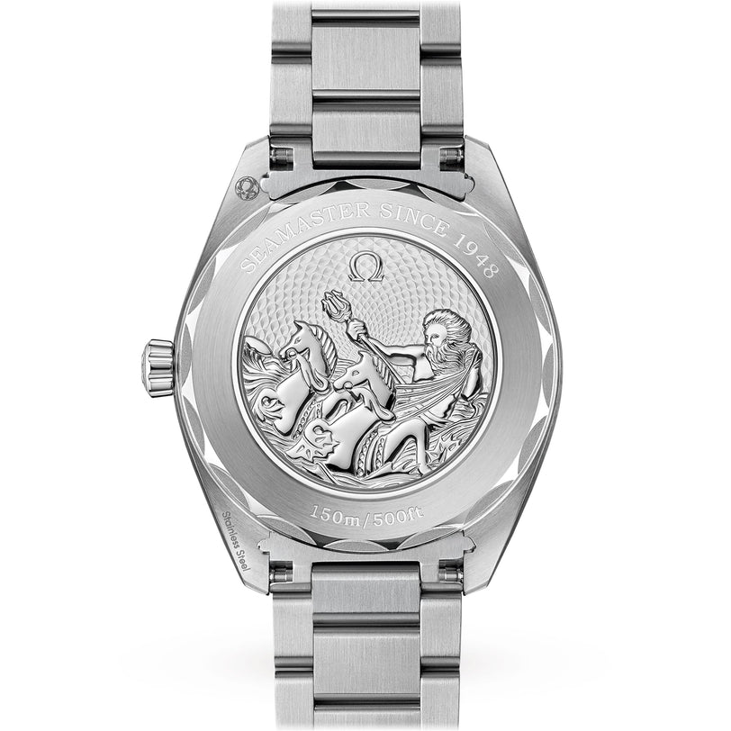 The back of the OMEGA Seamaster Aqua Terra 150M, engraved with a man on a seahorse, honors its maritime legacy with SEAMASTER SINCE 1948 and 150m/500ft.