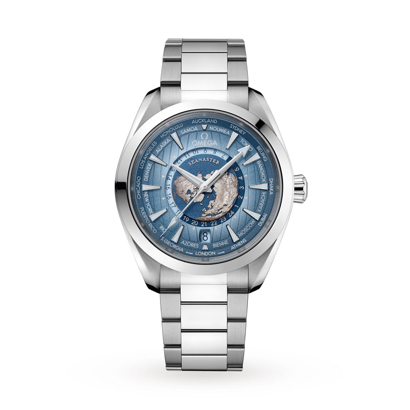 An OMEGA Seamaster Aqua Terra 150M watch in stainless steel with a blue world map dial, silver hour markers, and a metal bracelet is displayed against a white background.