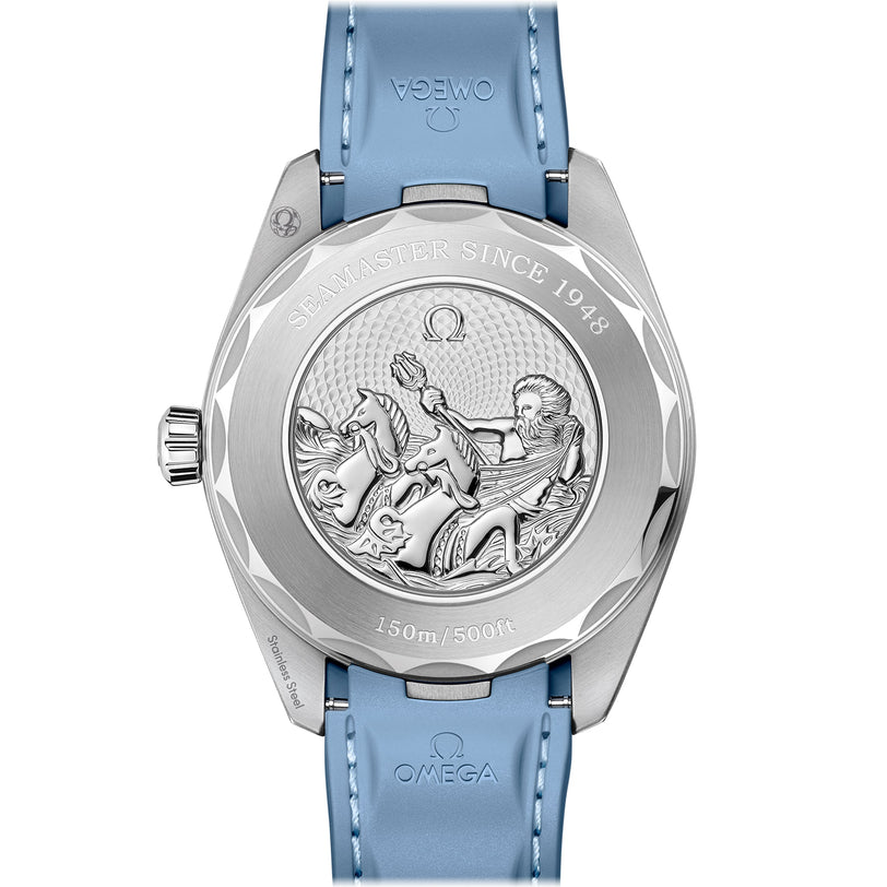 Back view of the OMEGA Seamaster Aqua Terra 150M, featuring a blue strap, stainless steel case, and an engraved Poseidon with two seahorses. Displays SEAMASTER SINCE 1948 and 150m/500ft.