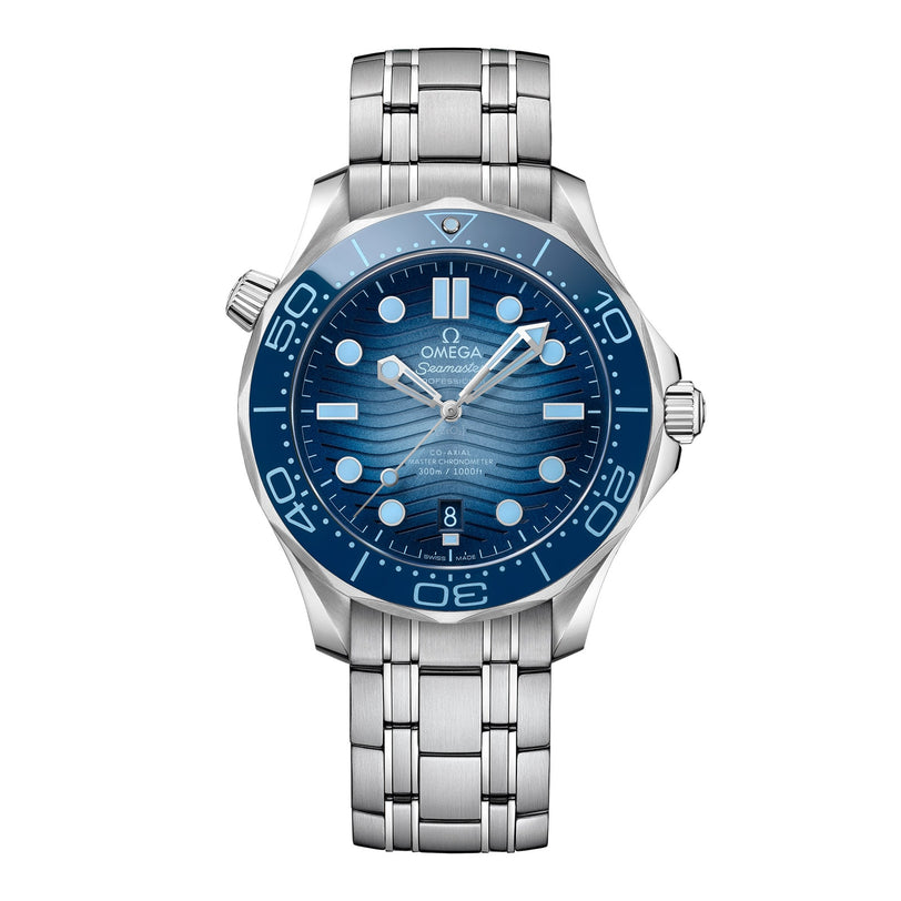 The OMEGA Seamaster Diver 300M Summer Blue watch features a wave-pattern dial, rotating bezel, and metal link bracelet in stainless steel, displayed against a white background.