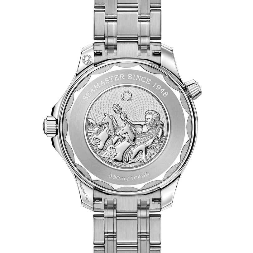 The back of the OMEGA Seamaster Diver 300M Summer Blue displays an engraved seahorse, “SEAMASTER SINCE 1948,” Master Chronometer certification, and “300m / 1000ft” in striking Summer Blue.