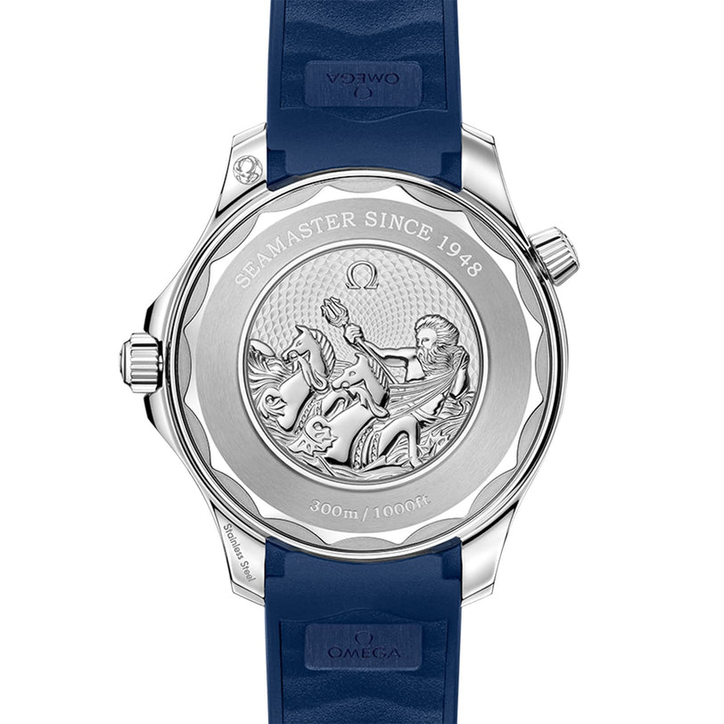 Close-up of the OMEGA Seamaster Diver 300M Summer Blue’s case back, showing an engraved Poseidon, “SEAMASTER SINCE 1948,” Master Chronometer credentials, and a 300m/1000ft water resistance rating.