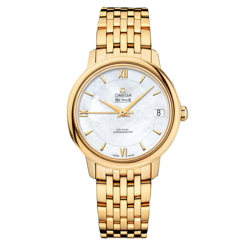 The OMEGA De Ville Prestige features a gold case, white dial with Roman numerals, date at 3 o’clock, gold link bracelet, and Co-Axial calibre 2500—an exquisite luxury wristwatch.