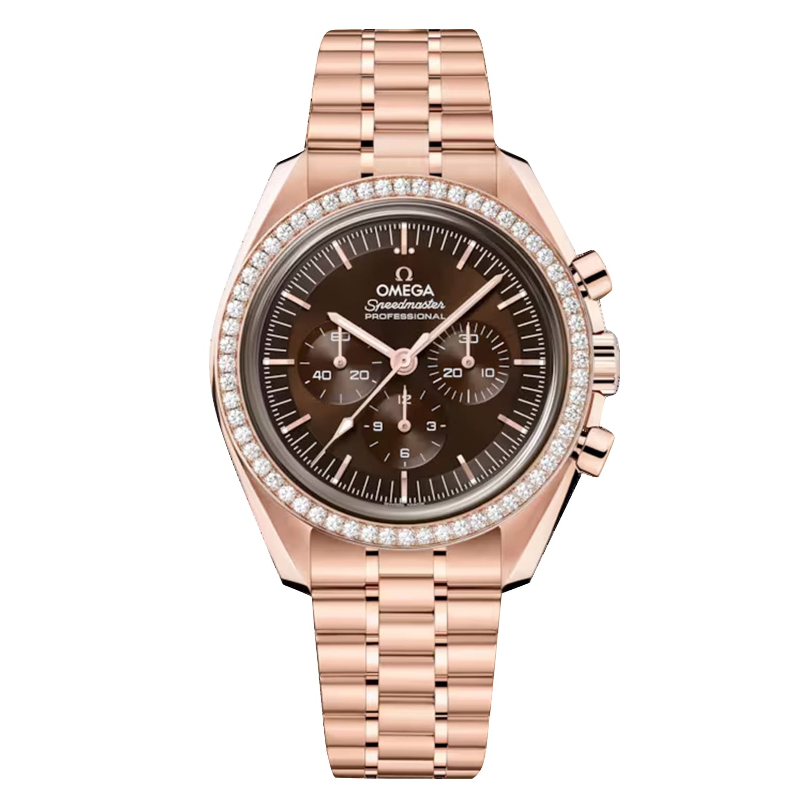 The OMEGA Speedmaster Moonwatch Professional in 18K Sedna Gold features a brown dial, three subdials, diamond bezel, metal link bracelet, and is powered by the Co-Axial Master Chronometer Calibre 3861.