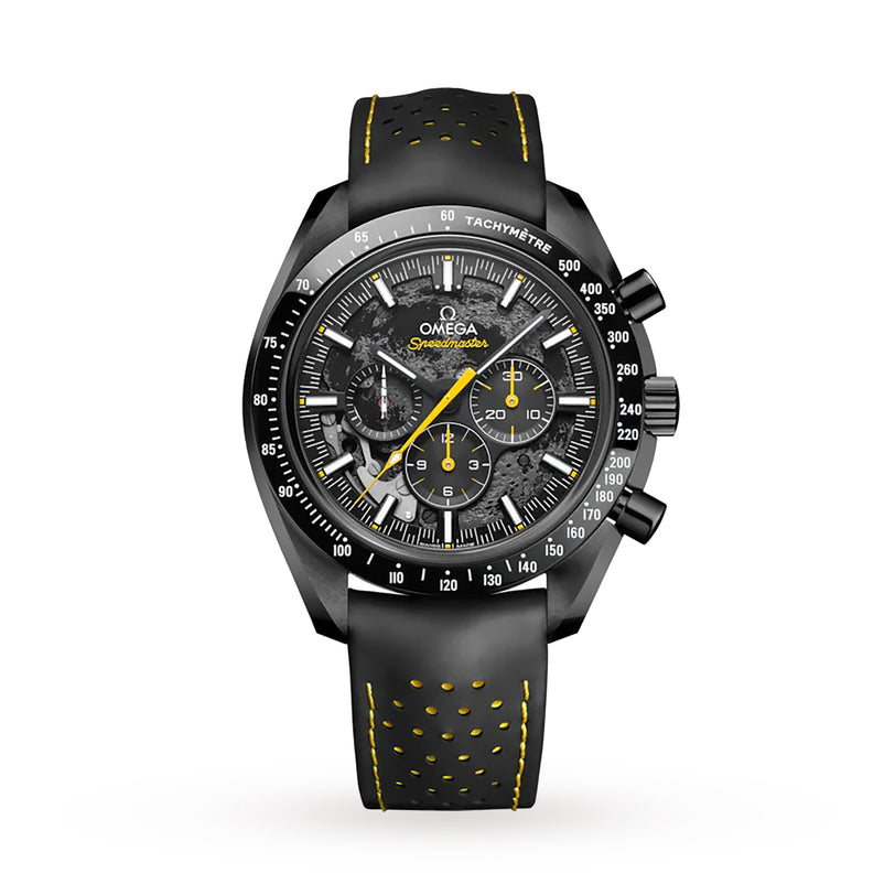 The OMEGA Speedmaster Moonwatch Apollo 8 Dark Side Of The Moon features a black chronograph with tachymeter bezel, yellow accents, and a black strap with yellow stitching and perforations, inspired by lunar exploration.