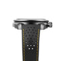 Side view of the OMEGA Speedmaster Moonwatch Apollo 8 Dark Side Of The Moon, featuring a black perforated strap with yellow stitching and a round metal case inspired by Apollo 8.