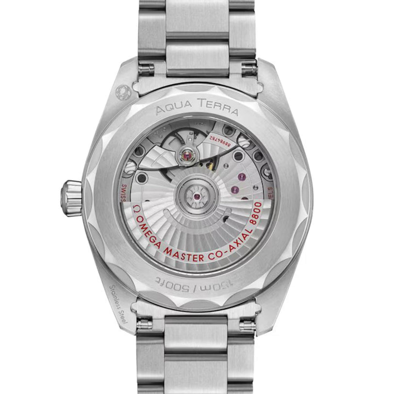 The OMEGA Seamaster Aqua Terra 150M highlights its maritime legacy with a transparent case back that reveals the Co-Axial 8800 Master Chronometer movement.