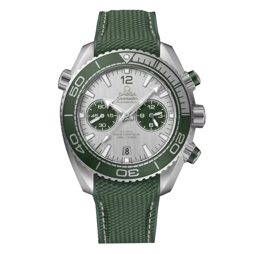 An OMEGA Seamaster Planet Ocean 600M in stainless steel features a green bezel, two subdials, and a green textured strap, with the time set to 10:12:07.