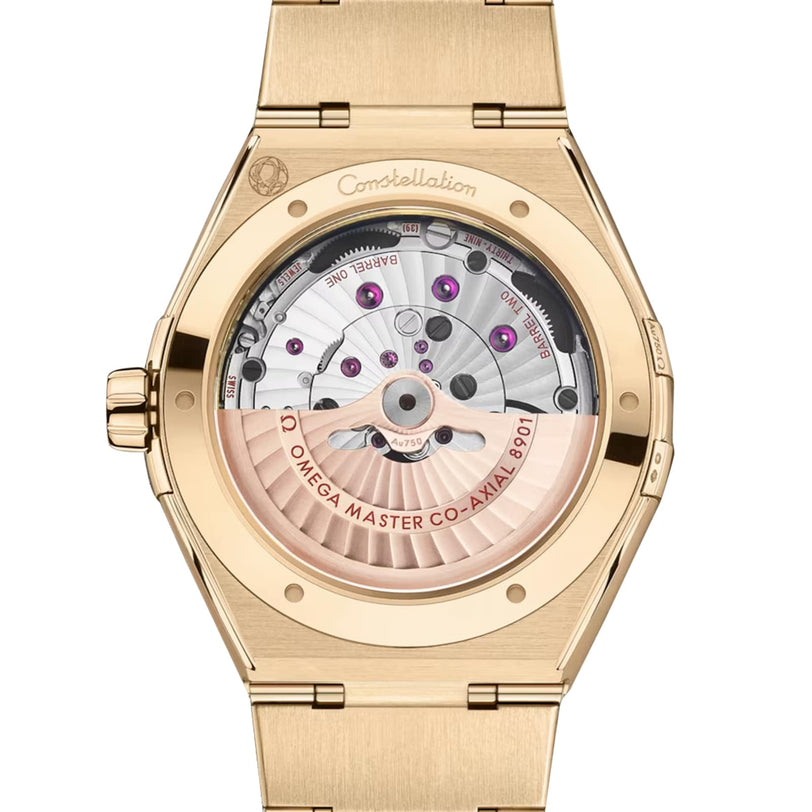 The OMEGA Constellation in Moonshine™ Gold features a transparent caseback that reveals its mechanical movement.