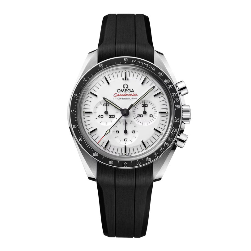 An OMEGA Speedmaster Moonwatch Professional with a silver case, white dial, black tachymeter bezel, three chronograph subdials, and black rubber strap is shown on a white background.
