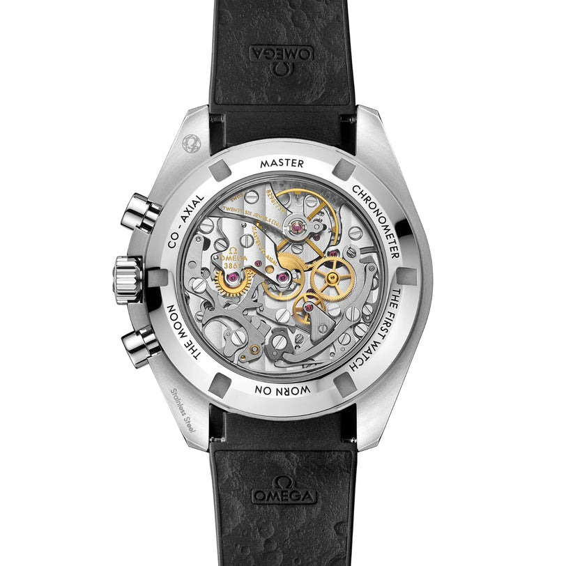 Back view of the OMEGA Speedmaster Moonwatch Professional showcasing its exposed mechanical movement, engraved details, and black textured strap—a certified Co-Axial Master Chronometer.