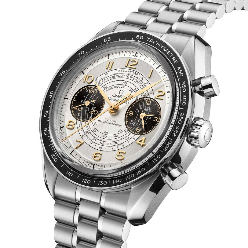 The OMEGA Speedmaster Chronoscope Paris 2024 Olympics features a white dial, black subdials, gold Arabic numerals, and a black tachymeter bezel on a metal bracelet to celebrate the Paris 2024 Games.
