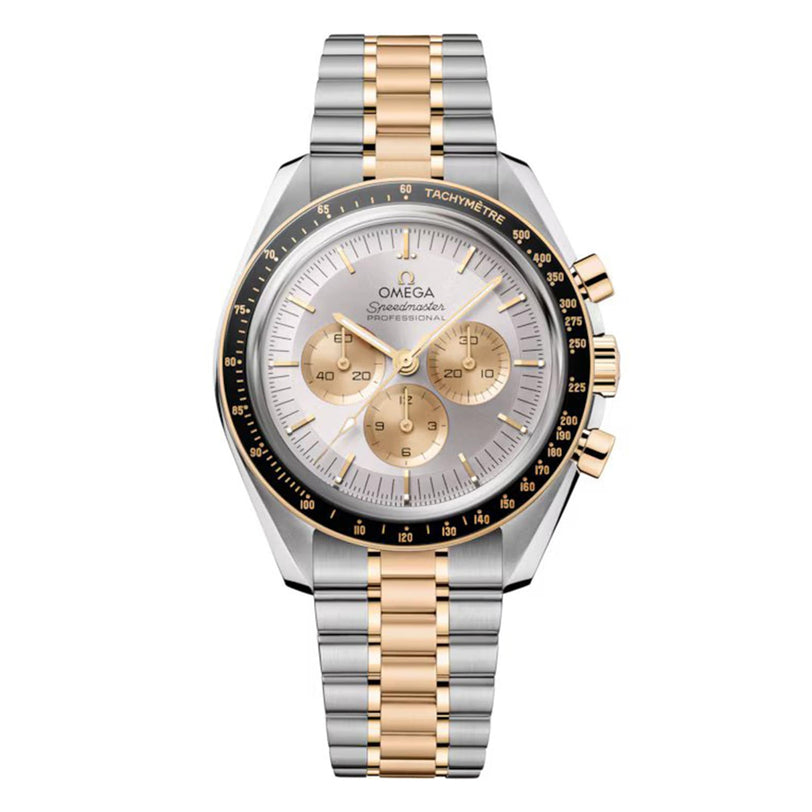 The OMEGA Speedmaster Moonwatch Professional Moonshine features a two-tone silver and gold bracelet, black bezel, three gold subdials on a silver face, and is powered by the Master Chronometer-certified 3861 calibre.