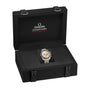 The OMEGA Speedmaster Moonwatch Professional Moonshine, featuring the 3861 calibre in a two-tone design, is presented in an open black box with branded interior lining.