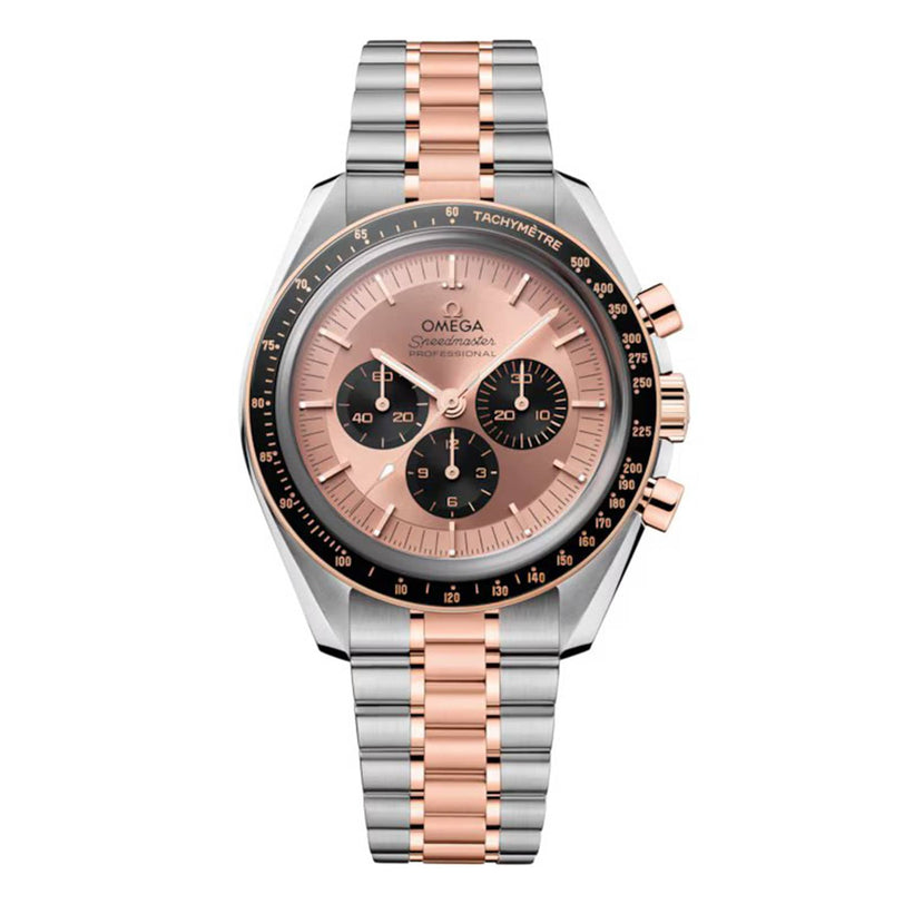 The OMEGA Speedmaster Moonwatch Professional Sedna features a two-tone Sedna™ Gold and stainless steel bracelet, rose gold dial with black subdials, tachymeter bezel, and is powered by the Omega Master Chronometer movement.
